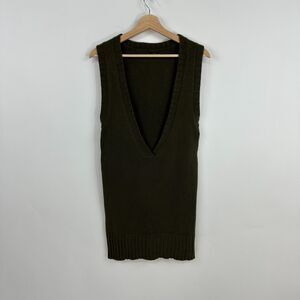 Theory Cashmere V-Neck Sweater Vest Women Large Olive Green Long Classic Preppy